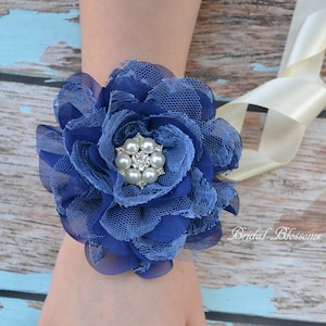 Royal Blue Chiffon Lace Flower Wrist Corsage | Vintage Inspired Wedding Corsage | Elegant Wedding | Mother of the Bride | Prom Homecoming