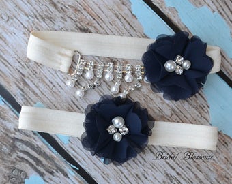 Rhinestone Pearl Bridal Garter Set | Ivory Navy Elastic Garters Flowers | Rhinestone Wedding No Slip Elastic Garter | Plus Size | Flower