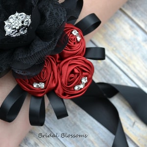 Black Maroon Burgundy Flower Wrist Corsage Boutonniere | Vintage Inspired Wedding | Chiffon Satin Roses | Bridal Shower Prom Homecoming