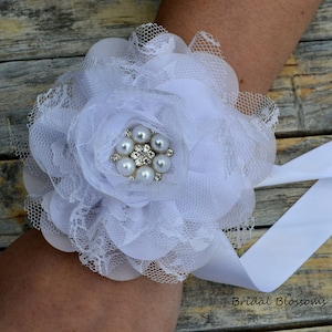 White Chiffon Lace Flower Wrist Corsage & Boutonniere Set | Vintage Inspired Wedding Corsage | Elegant Wedding | Mother of the Bride | Prom