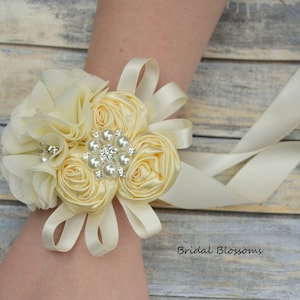 Butter Cream Ivory Flower Wrist Corsage & Boutonniere Set | Vintage Inspired Wedding Satin Roses Mother of Bride Bridal Shower Prom Yellow