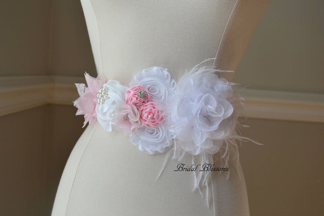 ELIZABETH White Pink Flower Maternity OR Bridal Sash - Etsy