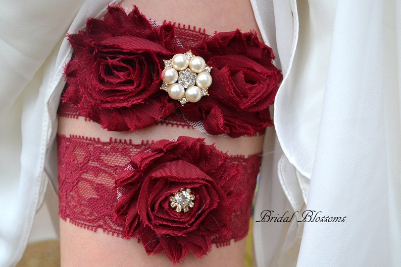 Plus Size Pearl Rhinestone Wedding Garter Stretch Lace Garter Burgundy Peach Gold Pearl Bridal Garter Set Chiffon Fabric Flower Lace