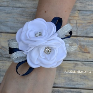 White Navy Silver Flower Wrist Corsage Cuff Bracelet & Boutonniere | Vintage Inspired Wedding | Roses | Mother of Bride Bridal Shower Prom