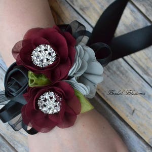 Burgundy Gray Black Chiffon Satin Flower Wrist Corsage & Boutonniere Set | Vintage Inspired Wedding | Mother of the Bride Bridal Shower Prom