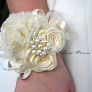 Ivory Satin Lace Ribbon Flower Wrist Corsage & Boutonniere Set | Vintage Inspired Wedding | Mother of the Bride | Bridal Baby Shower Prom