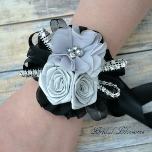 Black Silver Satin Chiffon Flower Wrist Corsage Boutonniere | Elastic Wristlet | Prom | Gatsby Inspired | Wedding Bride Mother Gray