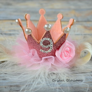 Dog Puppy Birthday Glitter Tulle Crown Headband - Pink Ivory Pearl Flower - Elastic Headband 1st 2nd 3rd 4th 9th Birthday Number Tiara Hat
