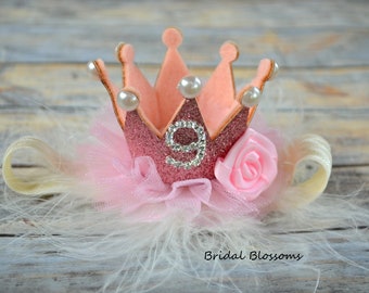 Dog Puppy Birthday Glitter Tulle Crown Headband - Pink Ivory Pearl Flower - Elastic Headband 1st 2nd 3rd 4th 9th Birthday Number Tiara Hat