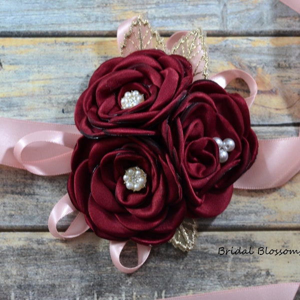 Dark Red Blush Flower Wrist Corsage | Vintage Inspired Wedding | Satin Roses Gold Leaf | Mother of Bride Bridal Shower Prom Burgundy Pink