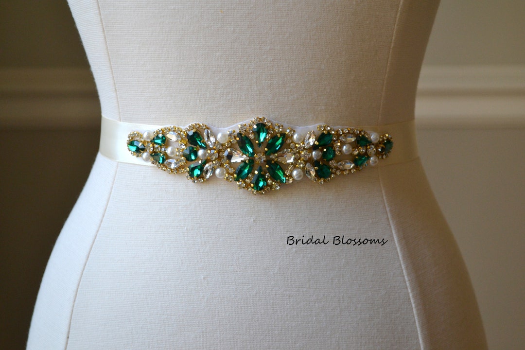 Stunning Green Gold Ivory Jewel Bridal Sash Rhinestone Pearl Bead