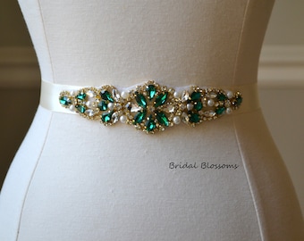 Stunning Green Gold Ivory Jewel Bridal Sash | Rhinestone Pearl Bead Wedding Dress Belt | Beaded Applique Sashes | Ribbon Bridesmaids B11