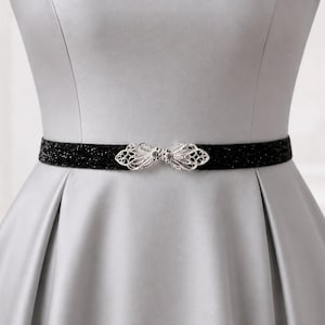 Black Silver Tone Shimmer Skinny Elastic Belt with Rhinestone Buckle | Bridal Bridesmaid | Glitter Belt | Thin Dress Belt