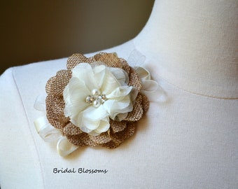 Ivory Natural Burlap Flower Wrist Corsage | Rustic Wedding | Country | Mother of the Bride | Flower Girl | Prom | Autumn Fall Pin-On Corsage