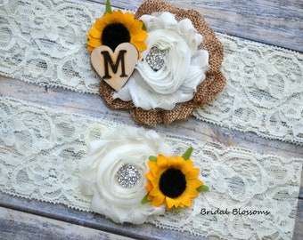 Ivory Tan Burlap Sunflower Bridal Garter Set With Initial | Chiffon Flower Garters | Wood Rustic Country Wedding | Stretch Lace | Plus Size
