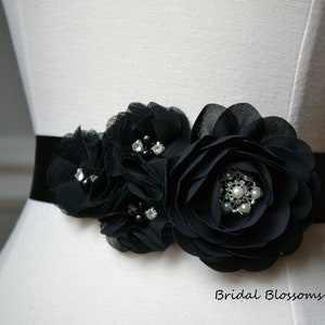 JULIA Black Chiffon Flower Bridal Sash | Fabric Flowers Wedding Dress Sash | Bridal Belt | Ribbon | Bridesmaids | Pearl Rhinestone