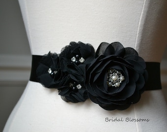 JULIA Black Chiffon Flower Bridal Sash | Fabric Flowers Wedding Dress Sash | Bridal Belt | Ribbon | Bridesmaids | Pearl Rhinestone