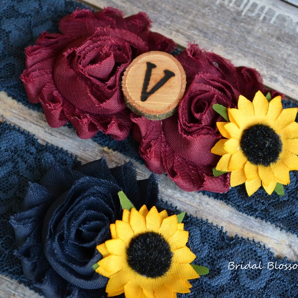 Burgundy Navy Yellow Sunflower Bridal Garter Set With Initial | Chiffon Flower Garters | Wood Rustic Country Wedding Stretch Lace Plus Size