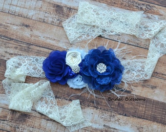 RHETT Ivory Royal Blue Flower Maternity Sash | It's A Boy | Newborn Photo Prop | Baby Shower Belly Band Belt