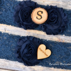NO SLIP Something Blue Bridal Garter Set With Initial | Flower Garters | Wood Rustic Country Wedding | Stretch Lace | Plus Size Navy Blue