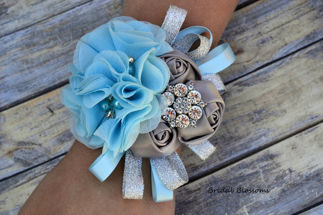 Silver Light Blue Flower Wrist Corsage Boutonniere Set Wedding