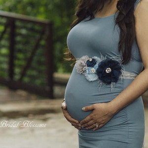 CHARLIE Gray Navy Blue Flower Maternity or Bridal Sash | It's A Boy | Newborn Photo Prop | Baby Shower Belly Band Belt | Feathers Jewels