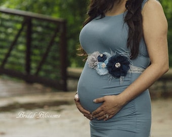 BEST SELLER - CHARLIE Gray Navy Blue Flower Maternity Sash | It's A Boy | Newborn Photo Prop | Baby Shower Belly Band Belt | Feathers Jewels