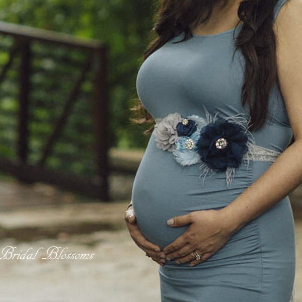 BEST SELLER - CHARLIE Gray Navy Blue Flower Maternity Sash | It's A Boy | Newborn Photo Prop | Baby Shower Belly Band Belt | Feathers Jewels