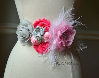 EMILY Gray Pink Flower Maternity Sash | It's A Girl | Newborn Photo Prop | Baby Shower Belly Band Belt | Feathers Jewels | Hot Light Pink