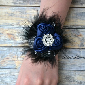 Navy Blue Black Satin Flower Wrist Corsage & Boutonniere Set | Sequin Feather Elastic Wristlet | Prom Homecoming Gatsby Inspired Dark Blue