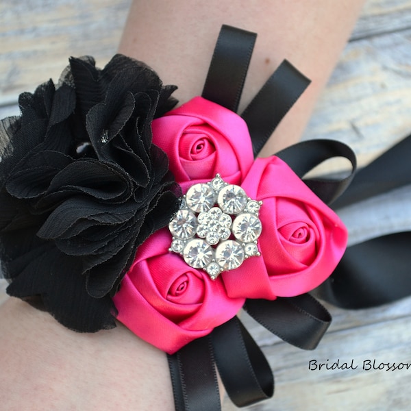 Hot Pink Black Flower Wrist Corsage Boutonniere Set | Wedding Rhinestone Satin Rolled Roses | Bridal Baby Shower Prom Bright Pink