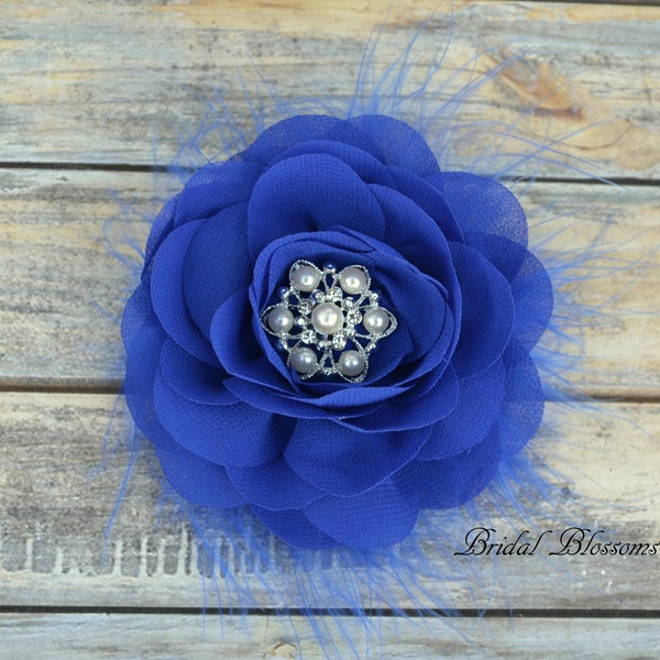 Royal Blue Chiffon Flower Hair Clip | Vintage Inspired Bridal Hair Piece | Fascinator | Girl Feathers Pearl Rhinestone | Feathers Rose
