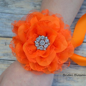 Orange Chiffon Lace Flower Wrist Corsage | Vintage Inspired Wedding Corsage | Elegant Wedding | Mother of the Bride | Prom