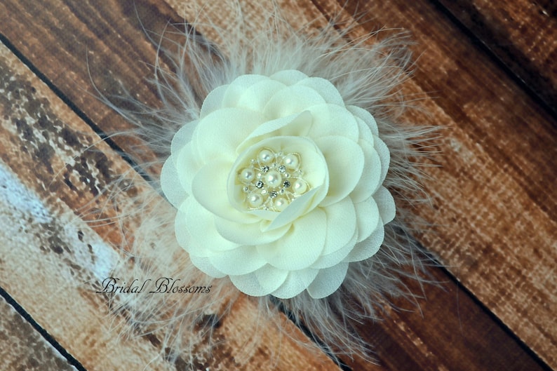Ivory Chiffon Flower Hair Clip Flower Girl Feathers Pearl Rhinestone Vintage Inspired Bridal Hair Piece Fascinator BEST SELLER