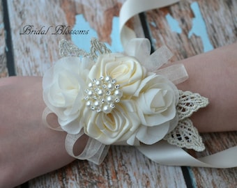 Ivory Chiffon Satin Flower Wrist Corsage | Vintage Inspired Wedding | Mother of the Bride | Bridal Baby Shower | Pearl | Boutonniere Cream