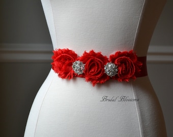 ISLA Red Vintage Inspired Bridal Sash | Shabby Chiffon Flower Wedding Dress Sash | Bridal Belt Ribbon | Bridesmaids | Rhinestone Christmas