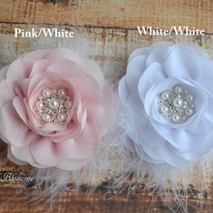 Light Pink Chiffon Flower Hair Clip Vintage Inspired Bridal Hair Piece Wedding Fascinator Flower Girl Feathers Pearl Rhinestone White image 5