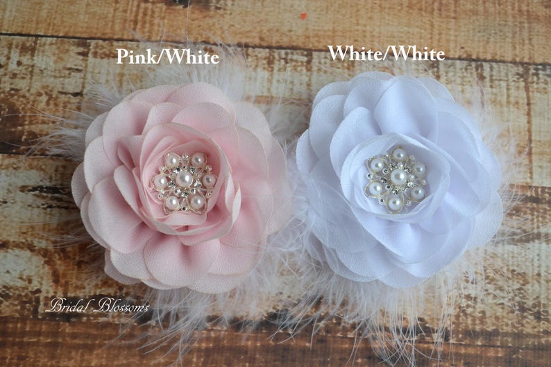 Light Pink Chiffon Flower Hair Clip Vintage Inspired Bridal Hair Piece Wedding Fascinator Flower Girl Feathers Pearl Rhinestone White image 5