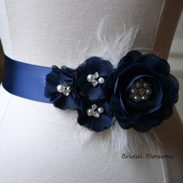 JULIA Navy Chiffon Flower Feather Bridal Sash | Fabric Flowers Wedding Dress Sash | Bridal Belt | Ribbon | Bridesmaids | Pearl Rhinestone
