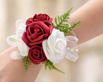 Ready-To-Ship - Burgundy Ivory Corsage and Boutonniere Set | Wedding Wrist Corsage | No-Pin Pocket Bout | Keepsake Flowers Prom Homecoming