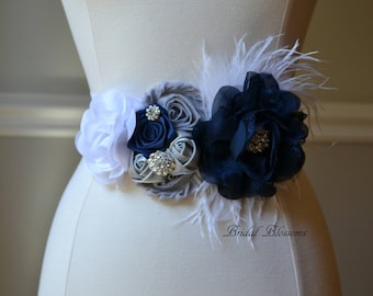 DANNY Gray Silver Navy Blue White Flower Maternity Sash | It's A Boy | Newborn Photo Prop | Baby Shower Band Belt Feathers Bridal