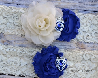 Liga nupcial azul real marfil antideslizante de la policía / Ligas de boda / Encaje de flores / Recuerdo de superhéroe - Something Blue Law Enforcement