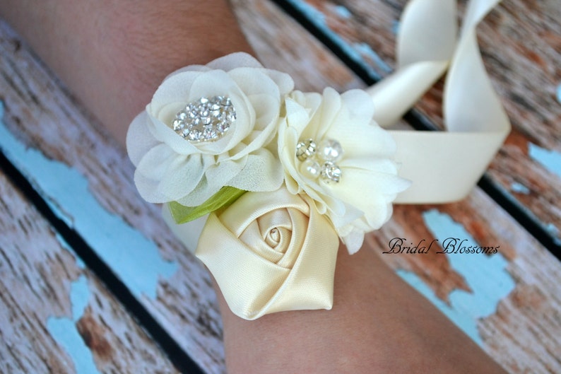 Boutonniere Ivory Cream Chiffon Satin Flower Wrist Corsage Bridal Shower Mother of the Bride Vintage Inspired Wedding Easter