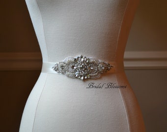 LOTTIE - Bridal Sash | Rhinestone Pearl Wedding Dress Sash | Belt | Beaded Applique Sashes | Ribbon Sash Bridesmaids Blush Ivory  White B7