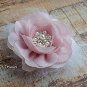 Light Pink Chiffon Flower Hair Clip Vintage Inspired Bridal Hair Piece Wedding Fascinator Flower Girl Feathers Pearl Rhinestone White image 2