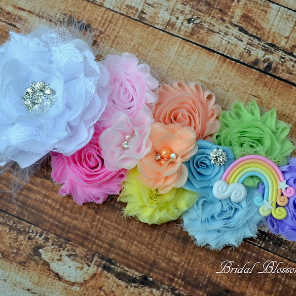 RAINBOW Baby Flower Maternity Sash | It's A Boy Girl | Newborn Photo Prop | Baby Shower Belly Band Belt | Feathers Jewels | Pink Blue Green