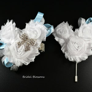 Mickey Minnie Mouse White Blue Silver Chiffon Flower Wrist Corsage Boutonniere Set | Disney Wedding | Prom Baby Shower Anniversary Birthday