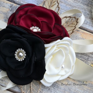 Burgundy Black Ivory Flower Wrist Corsage & Boutonniere | Wedding Satin Singed Roses - Prom Flowers, Wedding Party Keepsake Homecoming
