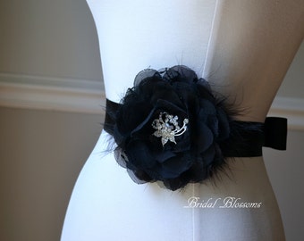 TERESA Black Vintage Inspired Bridal Sash | Chiffon Lace Flower Brooch Wedding Dress Sash | Bridal Belt | Feather | Bridesmaids Jewels Bling