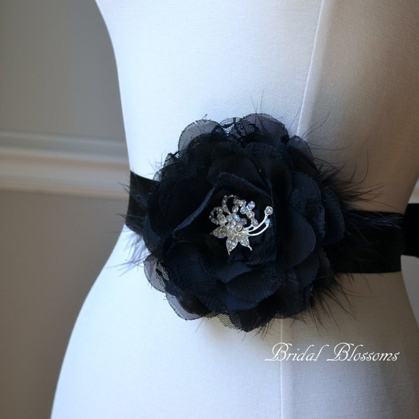 TERESA Black Vintage Inspired Bridal Sash | Chiffon Lace Flower Brooch Wedding Dress Sash | Bridal Belt | Feather | Bridesmaids Jewels Bling